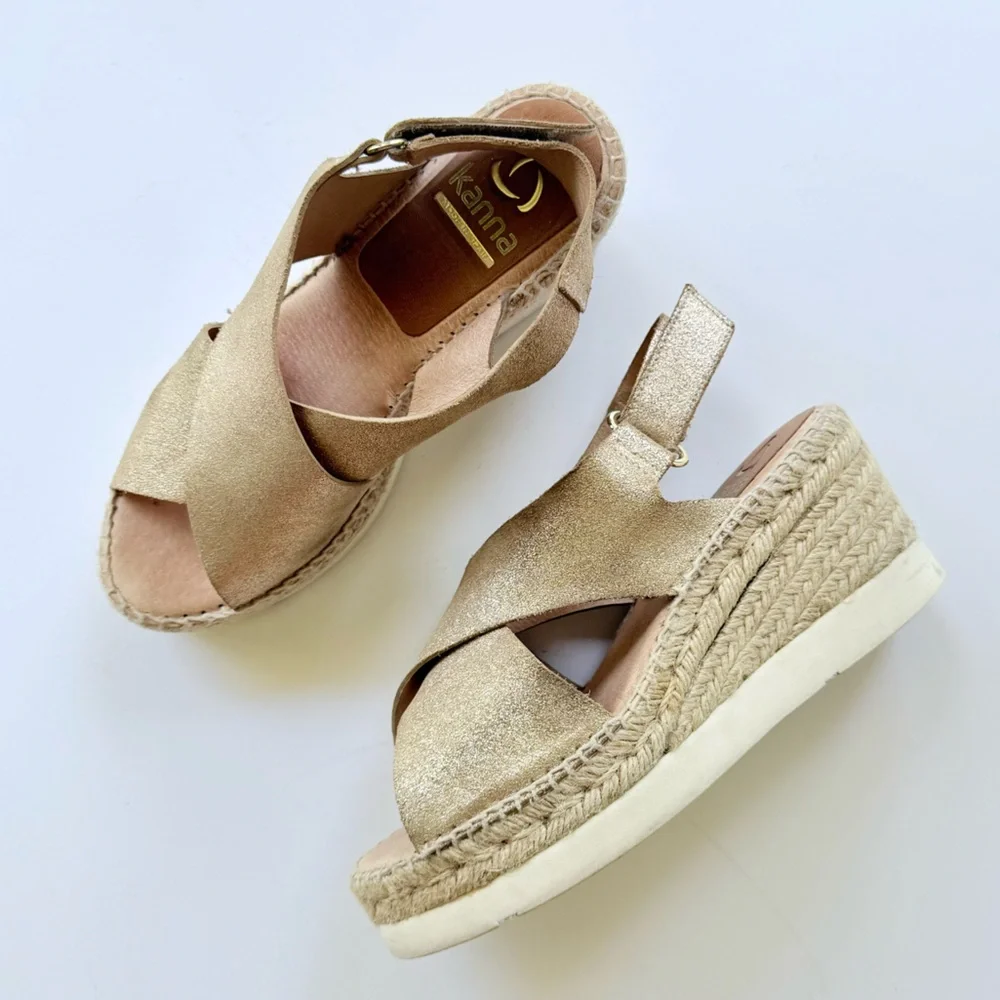 Kanna Gold Metallic Nubuck Suede Crossover Platform Wedge Espadrille Sandal 8